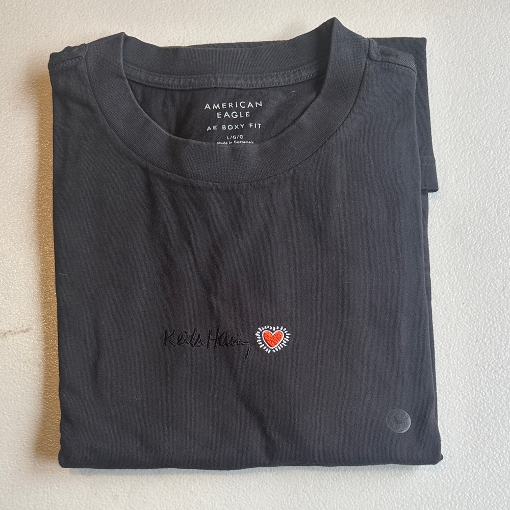 American Eagle Outfitters/ Keith Haring Black Crewneck with Red Heart Embroidery